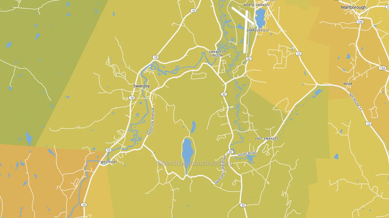Map of the best neighborhoods in the 03446 area, with better matches in green and worse matches in red