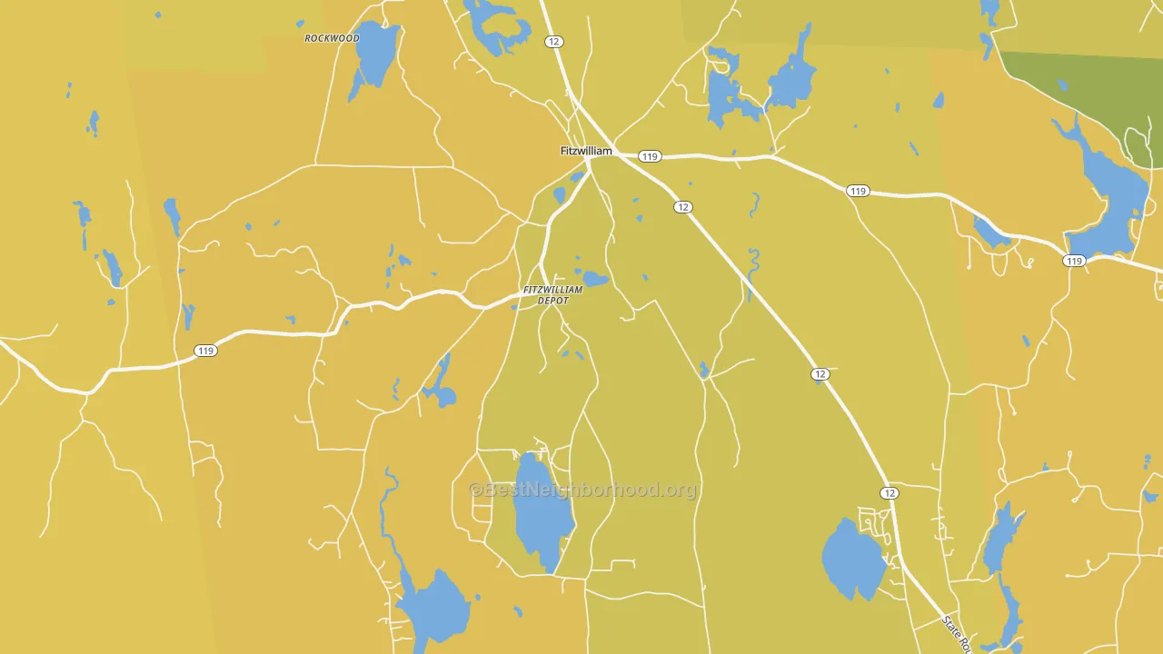 Map of the best neighborhoods in the 03447 area, with better matches in green and worse matches in red