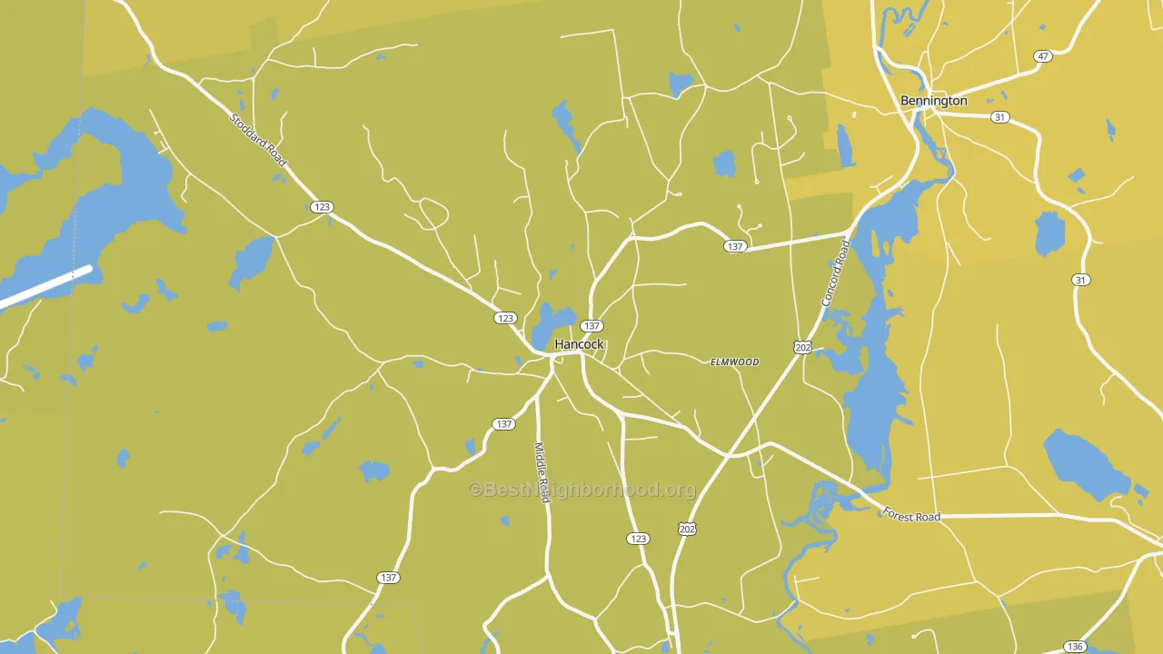 Map of the best neighborhoods in the 03449 area, with better matches in green and worse matches in red