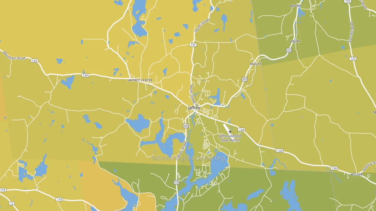 Map of the best neighborhoods in the 03452 area, with better matches in green and worse matches in red