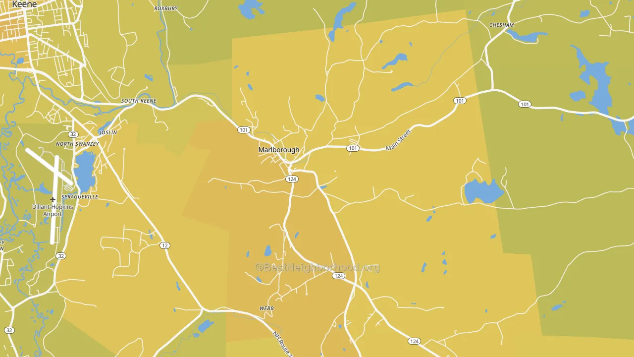 Map of the best neighborhoods in the 03455 area, with better matches in green and worse matches in red