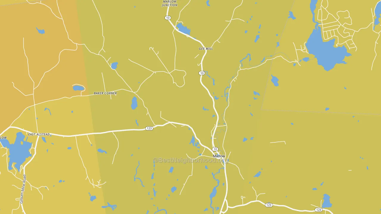 Map of the best neighborhoods in the 03456 area, with better matches in green and worse matches in red