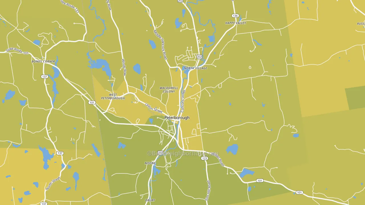 Map of the best neighborhoods in the 03458 area, with better matches in green and worse matches in red