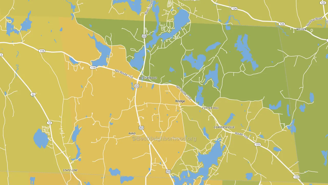 Map of the best neighborhoods in the 03461 area, with better matches in green and worse matches in red