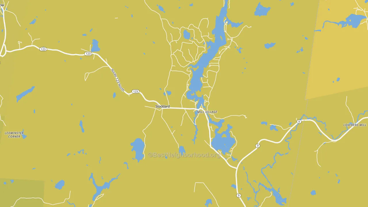 Map of the best neighborhoods in the 03464 area, with better matches in green and worse matches in red