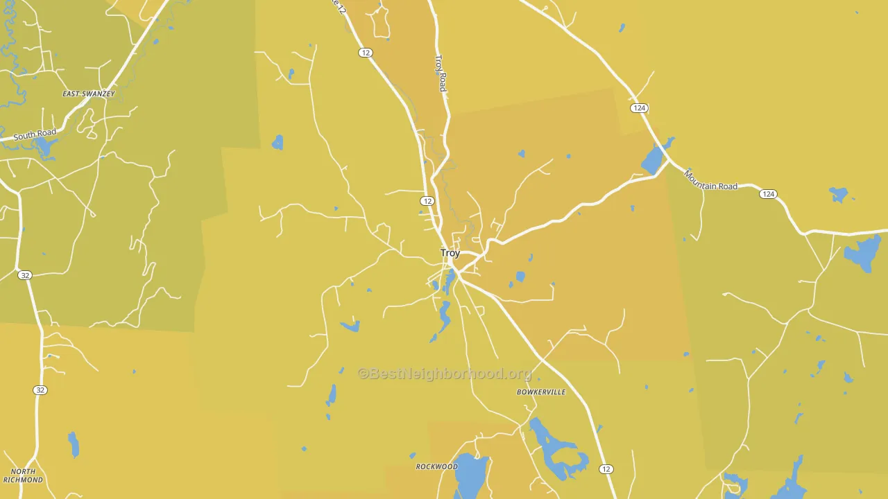 Map of the best neighborhoods in the 03465 area, with better matches in green and worse matches in red