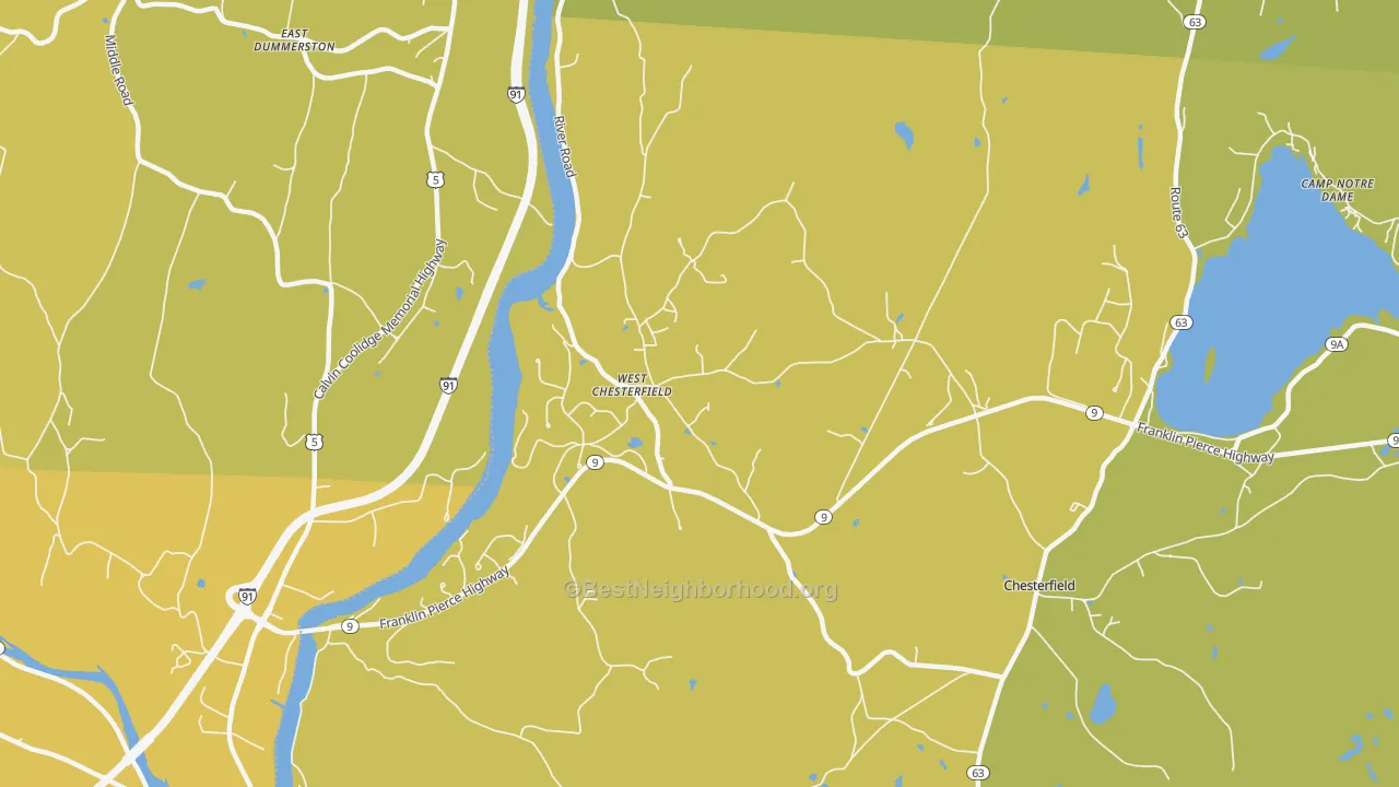 Map of the best neighborhoods in the 03466 area, with better matches in green and worse matches in red