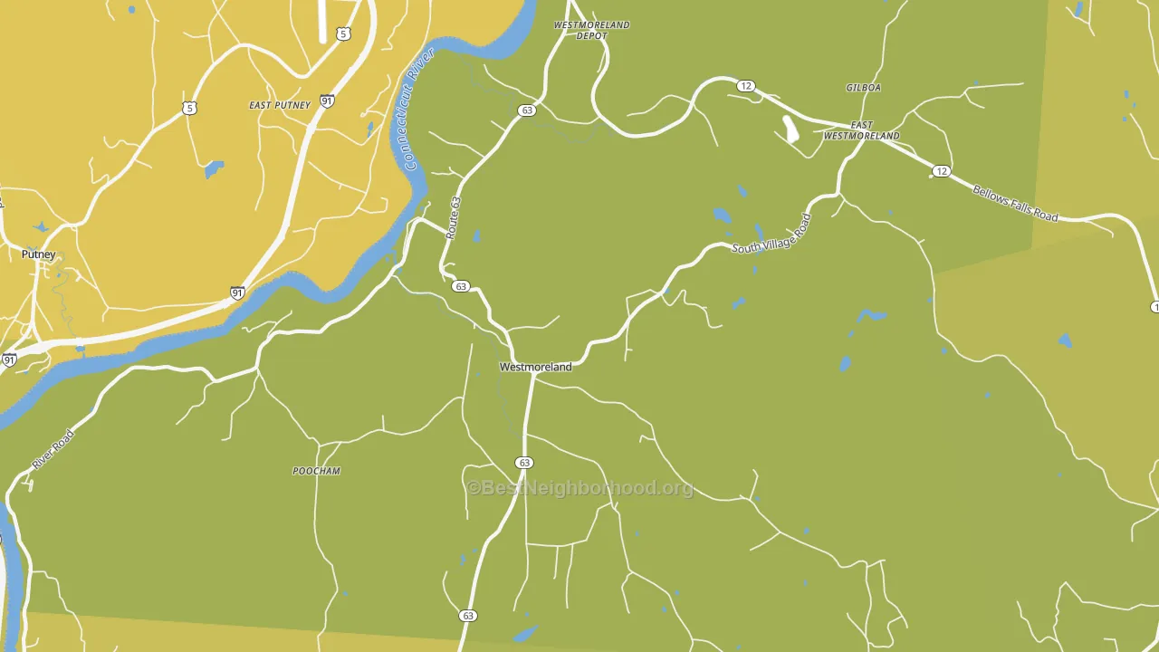 Map of the best neighborhoods in the 03467 area, with better matches in green and worse matches in red