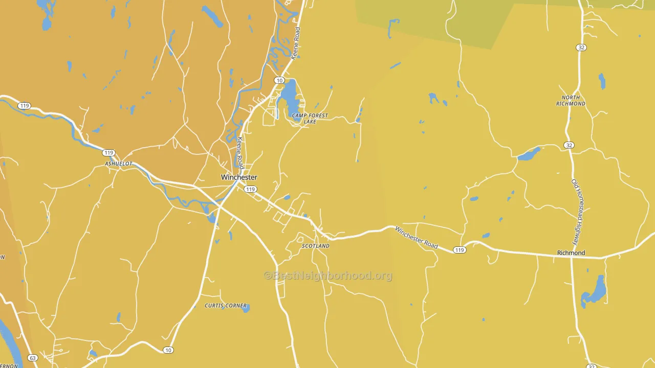 Map of the best neighborhoods in the 03470 area, with better matches in green and worse matches in red