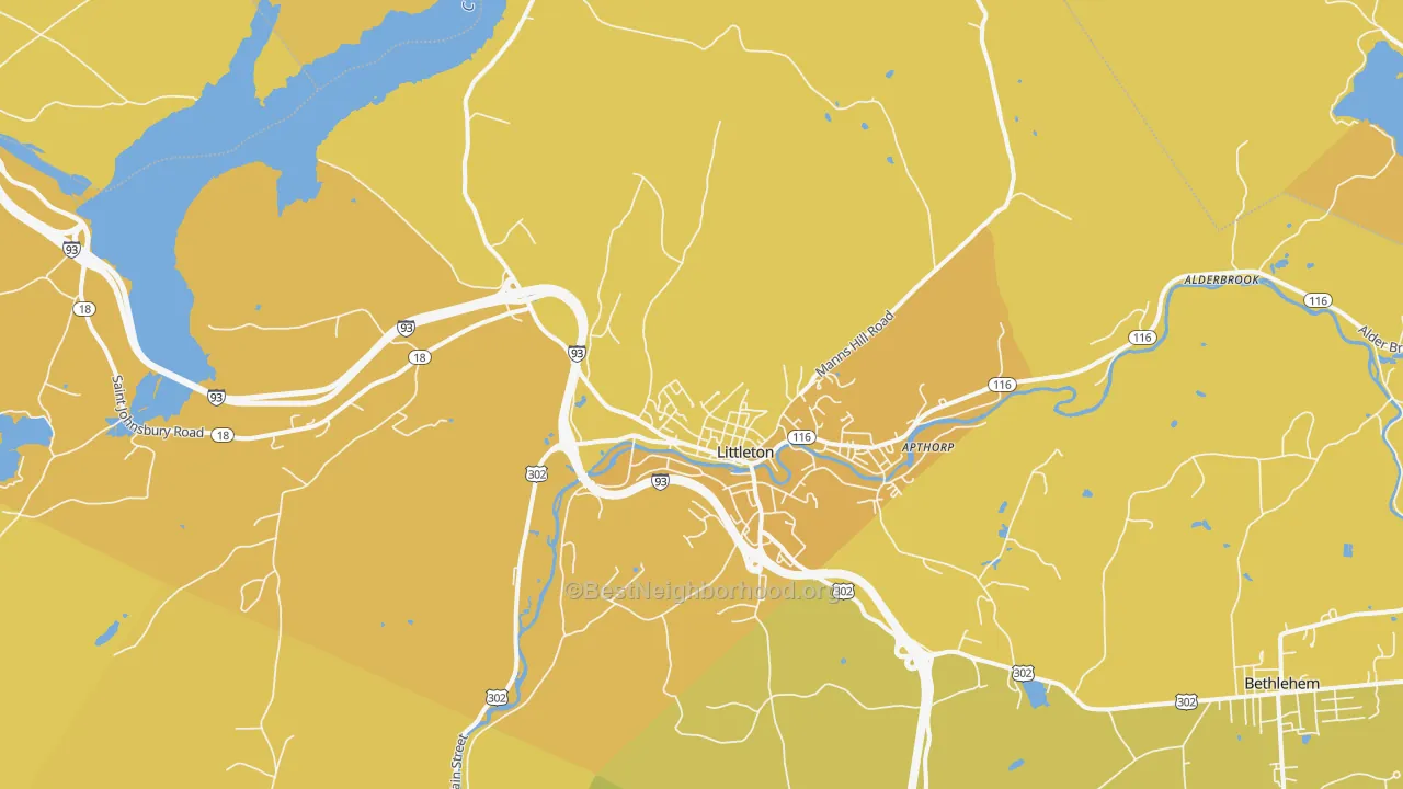 Map of the best neighborhoods in the 03561 area, with better matches in green and worse matches in red