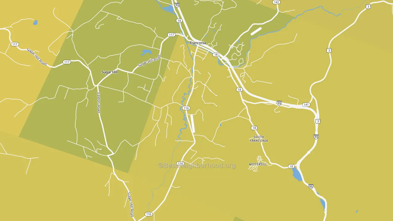 Map of the best neighborhoods in the 03580 area, with better matches in green and worse matches in red