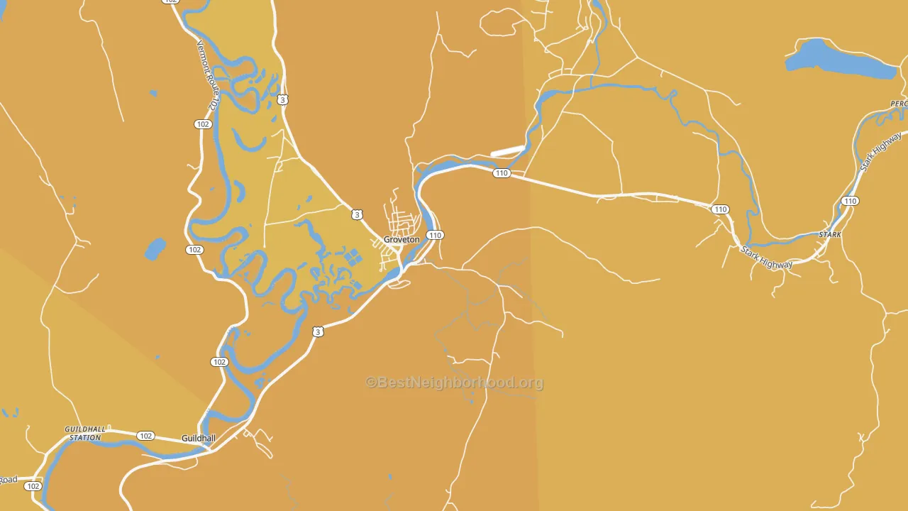 Map of the best neighborhoods in the 03582 area, with better matches in green and worse matches in red