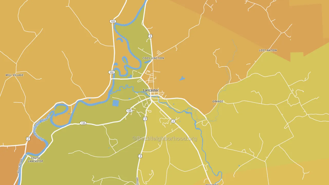 Map of the best neighborhoods in the 03584 area, with better matches in green and worse matches in red