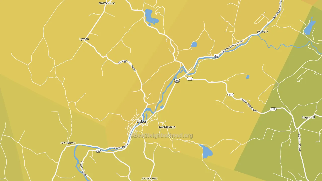 Map of the best neighborhoods in the 03585 area, with better matches in green and worse matches in red
