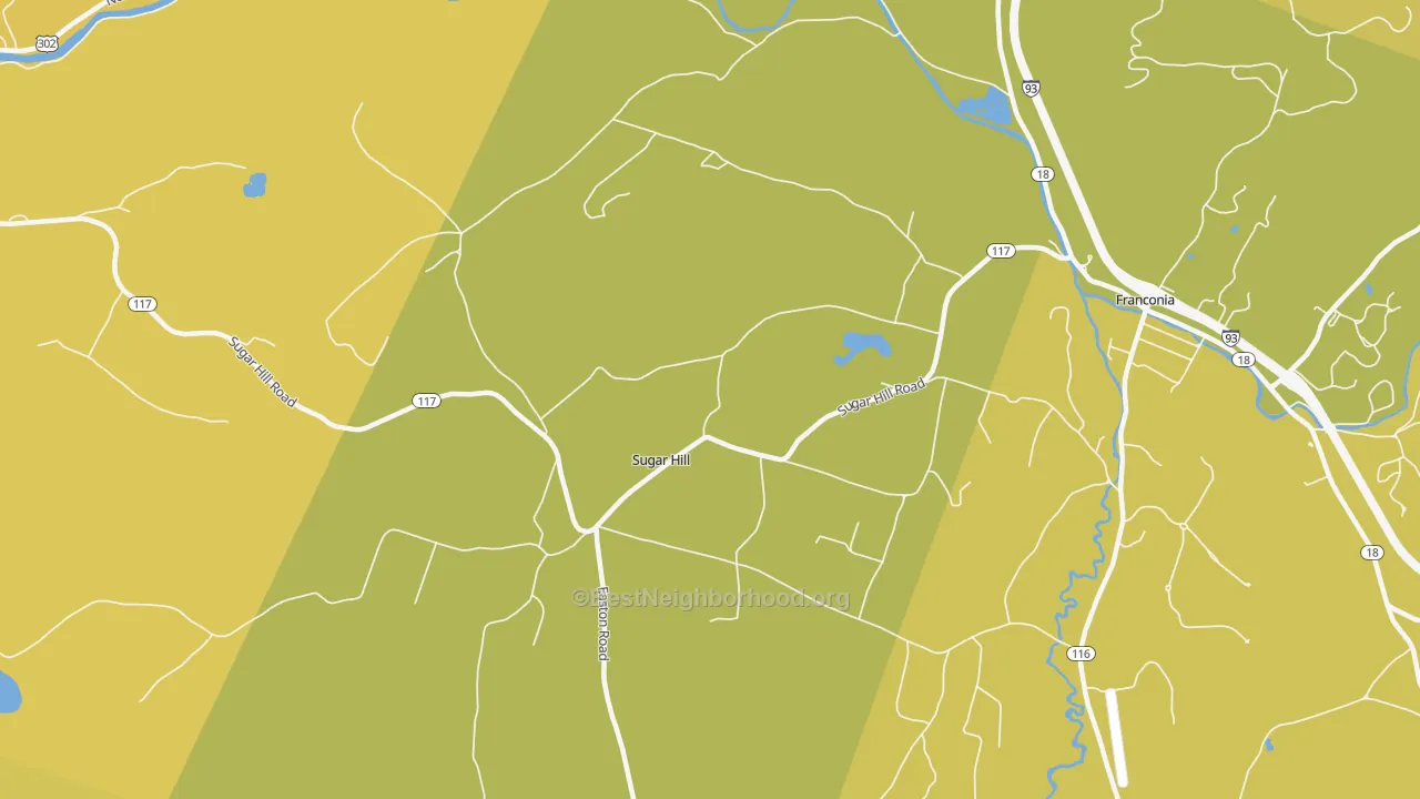 Map of the best neighborhoods in the 03586 area, with better matches in green and worse matches in red