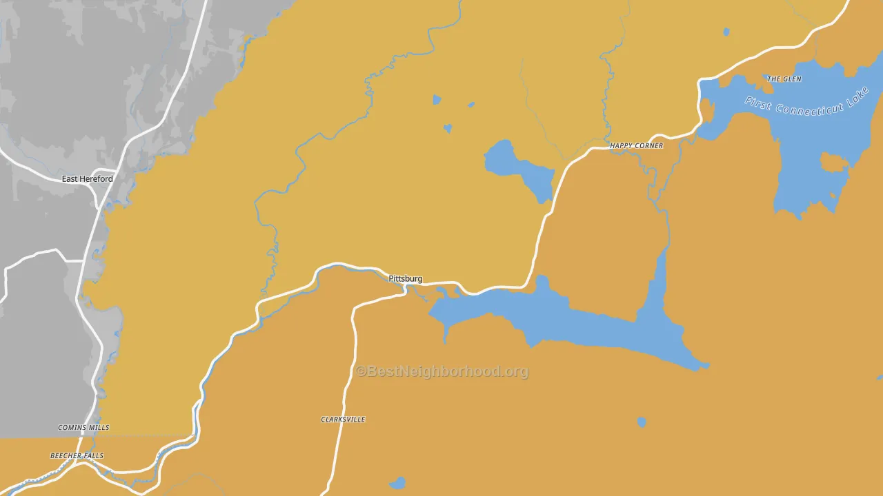 Map of the best neighborhoods in the 03592 area, with better matches in green and worse matches in red