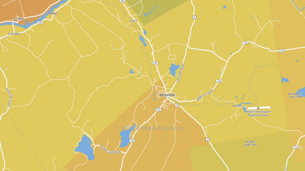 Map of the best neighborhoods in the 03598 area, with better matches in green and worse matches in red