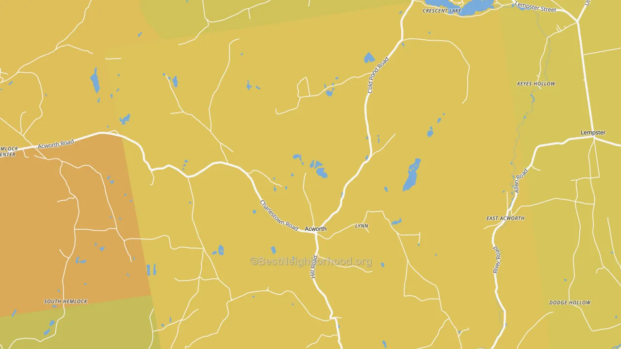 Map of the best neighborhoods in the 03601 area, with better matches in green and worse matches in red