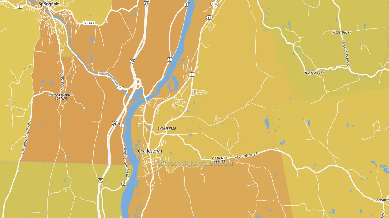Map of the best neighborhoods in the 03603 area, with better matches in green and worse matches in red
