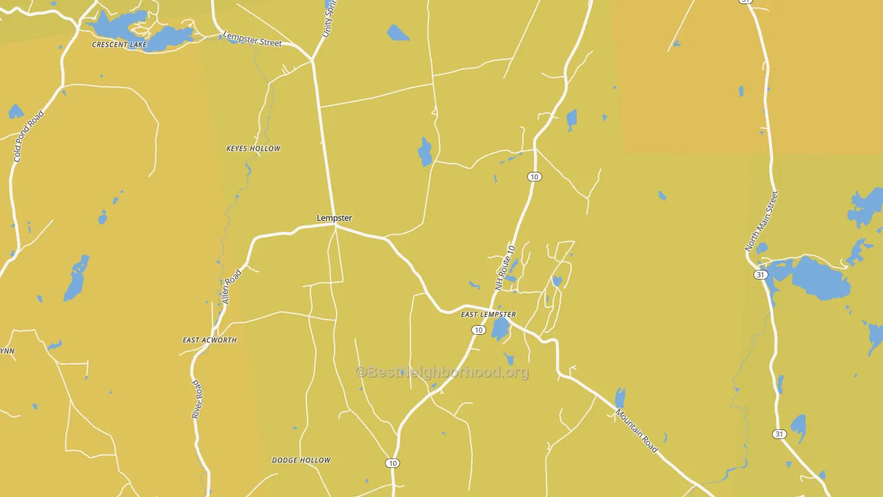 Map of the best neighborhoods in the 03605 area, with better matches in green and worse matches in red