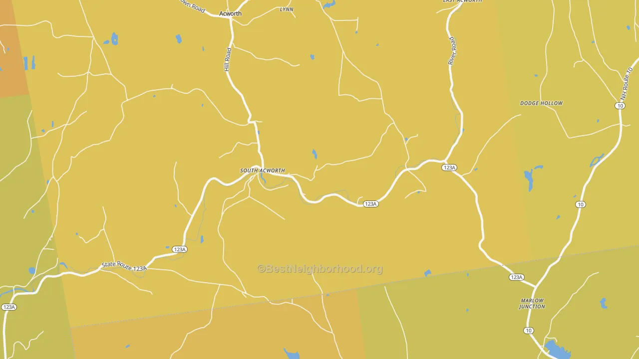 Map of the best neighborhoods in the 03607 area, with better matches in green and worse matches in red