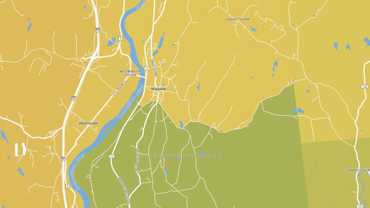 Map of the best neighborhoods in the 03608 area, with better matches in green and worse matches in red