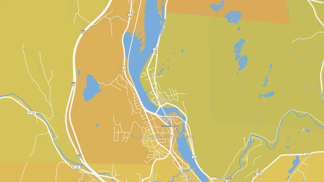 Map of the best neighborhoods in the 03609 area, with better matches in green and worse matches in red