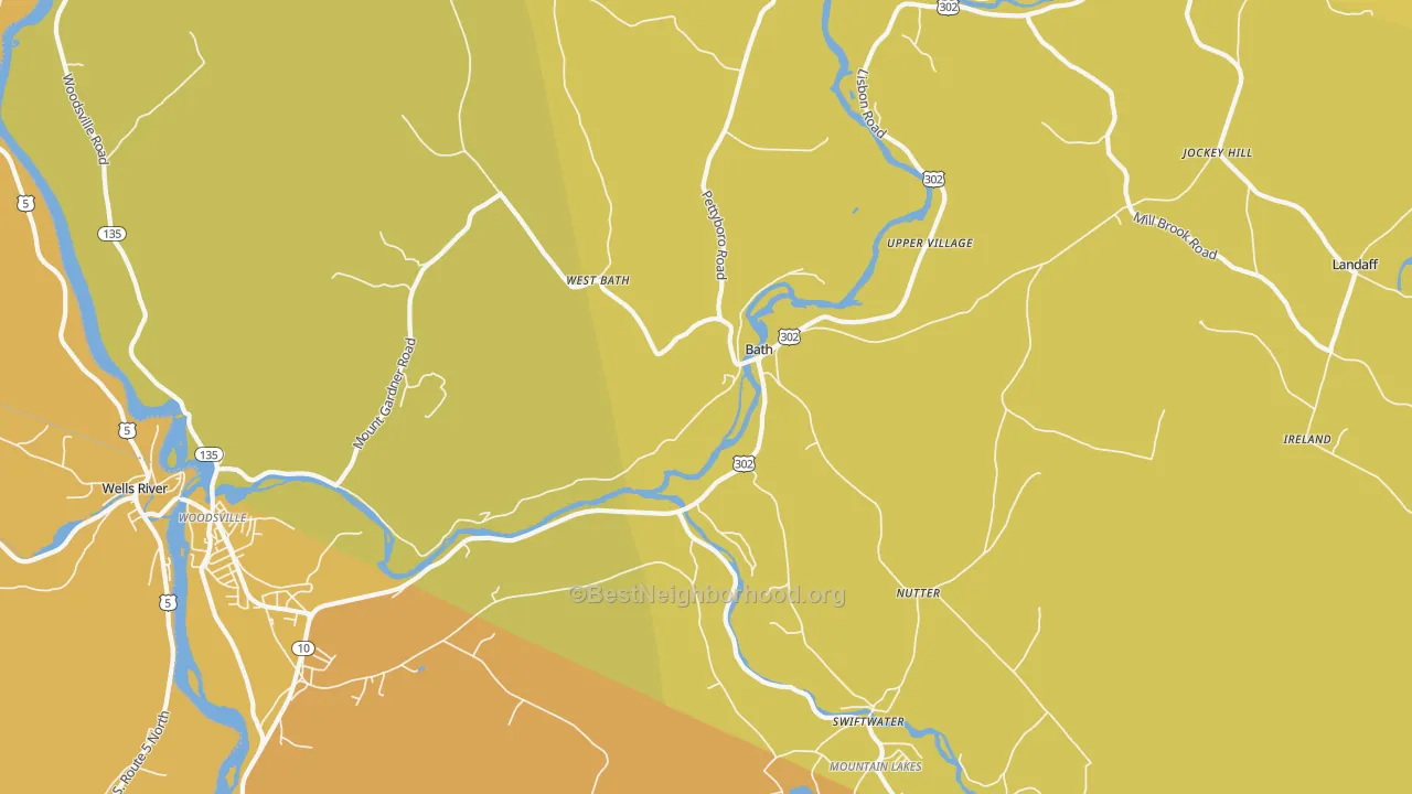 Map of the best neighborhoods in the 03740 area, with better matches in green and worse matches in red