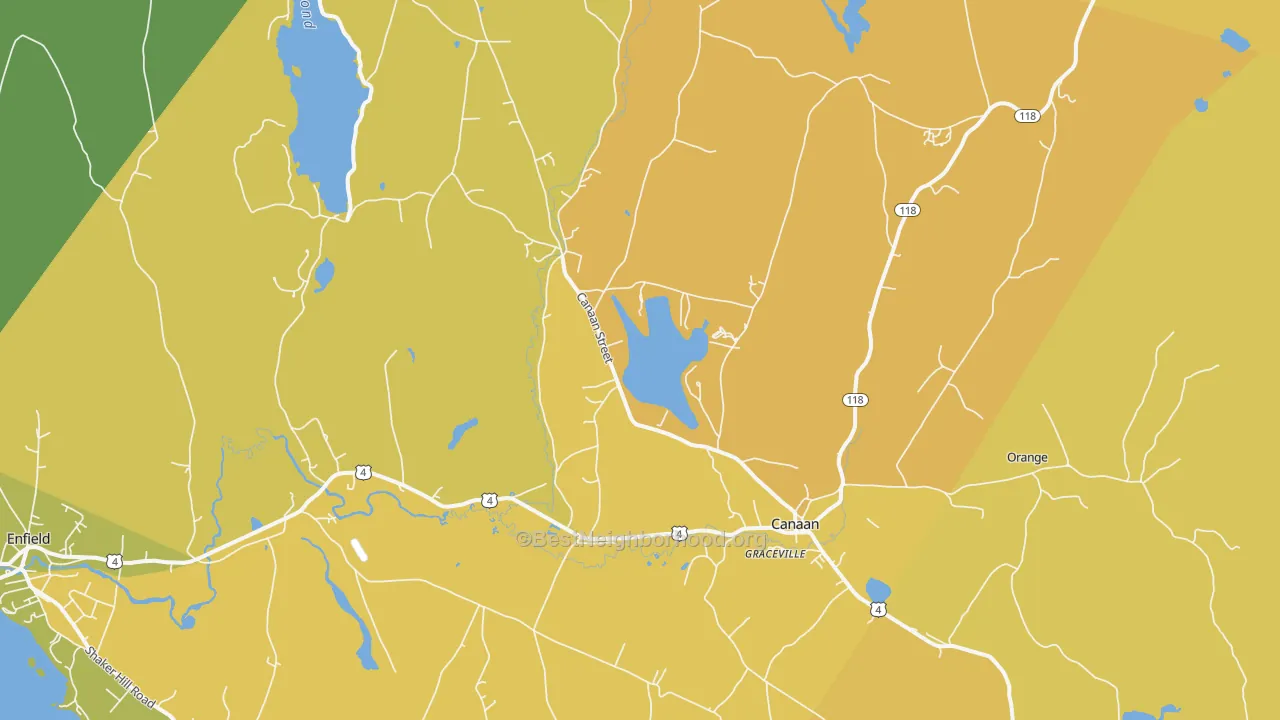 Map of the best neighborhoods in the 03741 area, with better matches in green and worse matches in red