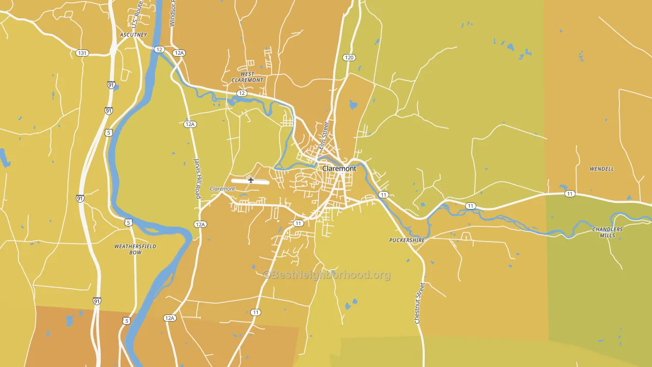 Map of the best neighborhoods in the 03743 area, with better matches in green and worse matches in red