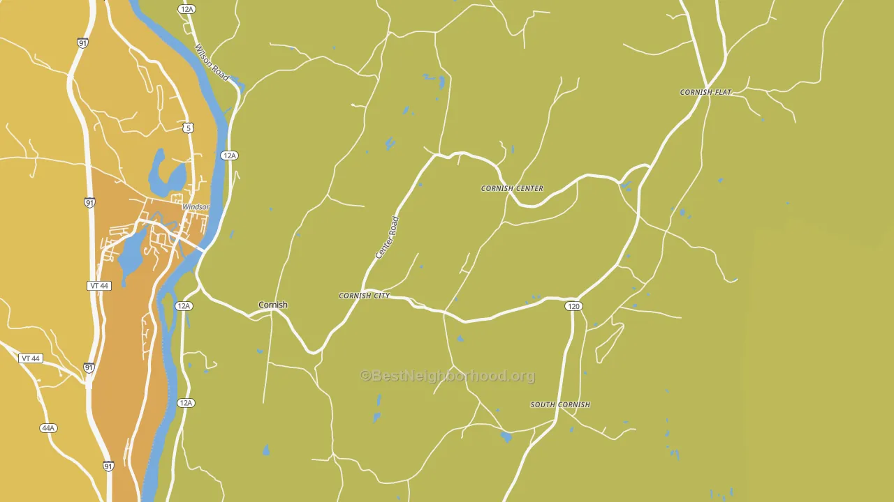 Map of the best neighborhoods in the 03745 area, with better matches in green and worse matches in red