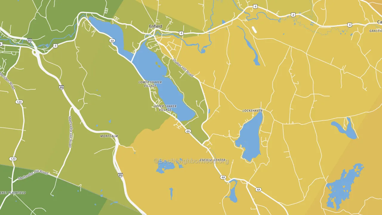Map of the best neighborhoods in the 03748 area, with better matches in green and worse matches in red