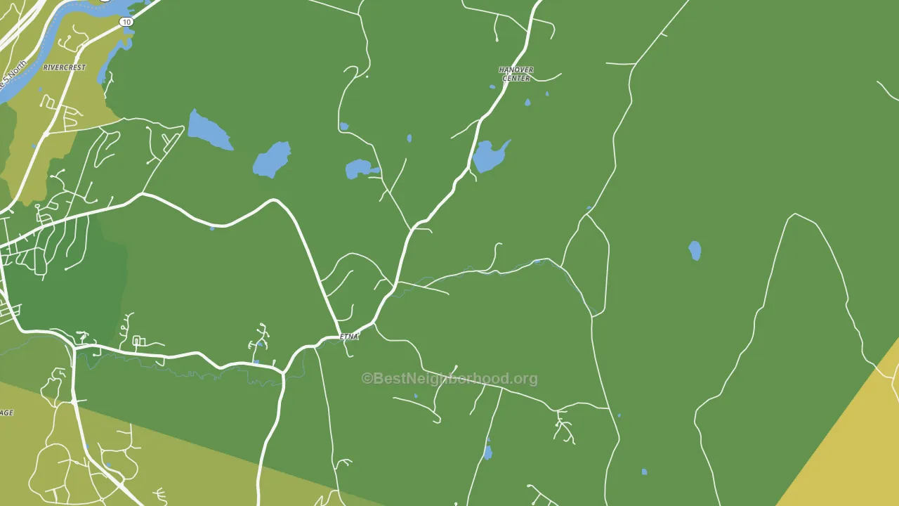 Map of the best neighborhoods in the 03750 area, with better matches in green and worse matches in red