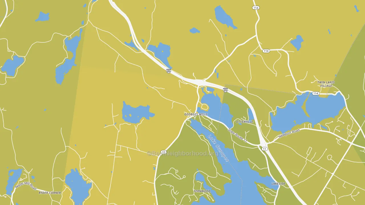 Map of the best neighborhoods in the 03751 area, with better matches in green and worse matches in red