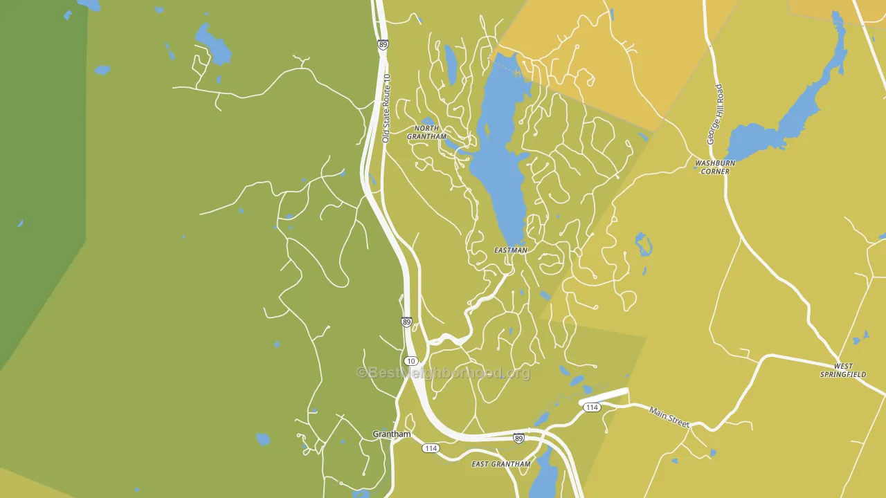 Map of the best neighborhoods in the 03753 area, with better matches in green and worse matches in red
