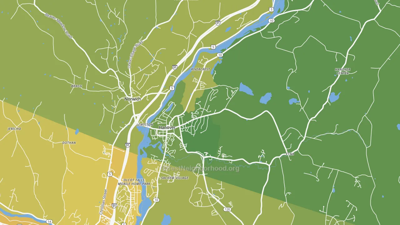 Map of the best neighborhoods in the 03755 area, with better matches in green and worse matches in red