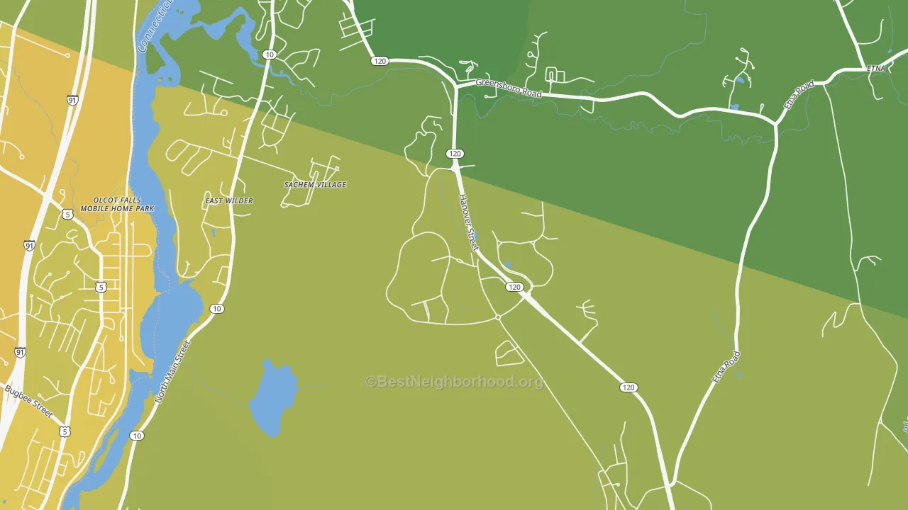 Map of the best neighborhoods in the 03756 area, with better matches in green and worse matches in red