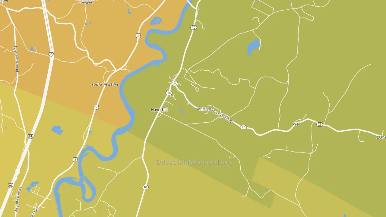 Map of the best neighborhoods in the 03765 area, with better matches in green and worse matches in red