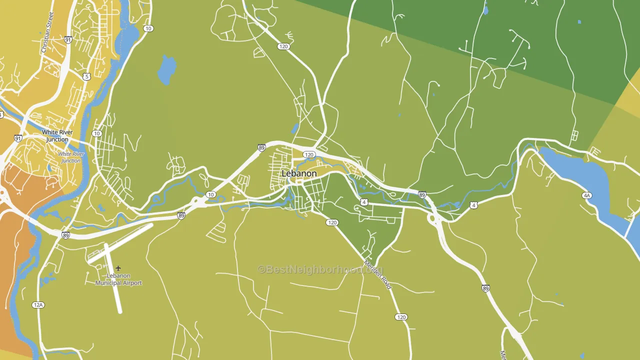 Map of the best neighborhoods in the 03766 area, with better matches in green and worse matches in red