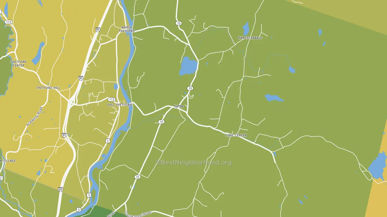 Map of the best neighborhoods in the 03768 area, with better matches in green and worse matches in red