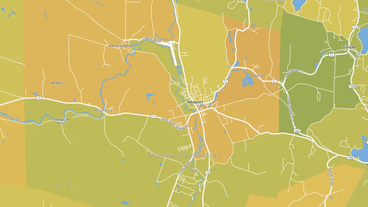 Map of the best neighborhoods in the 03773 area, with better matches in green and worse matches in red