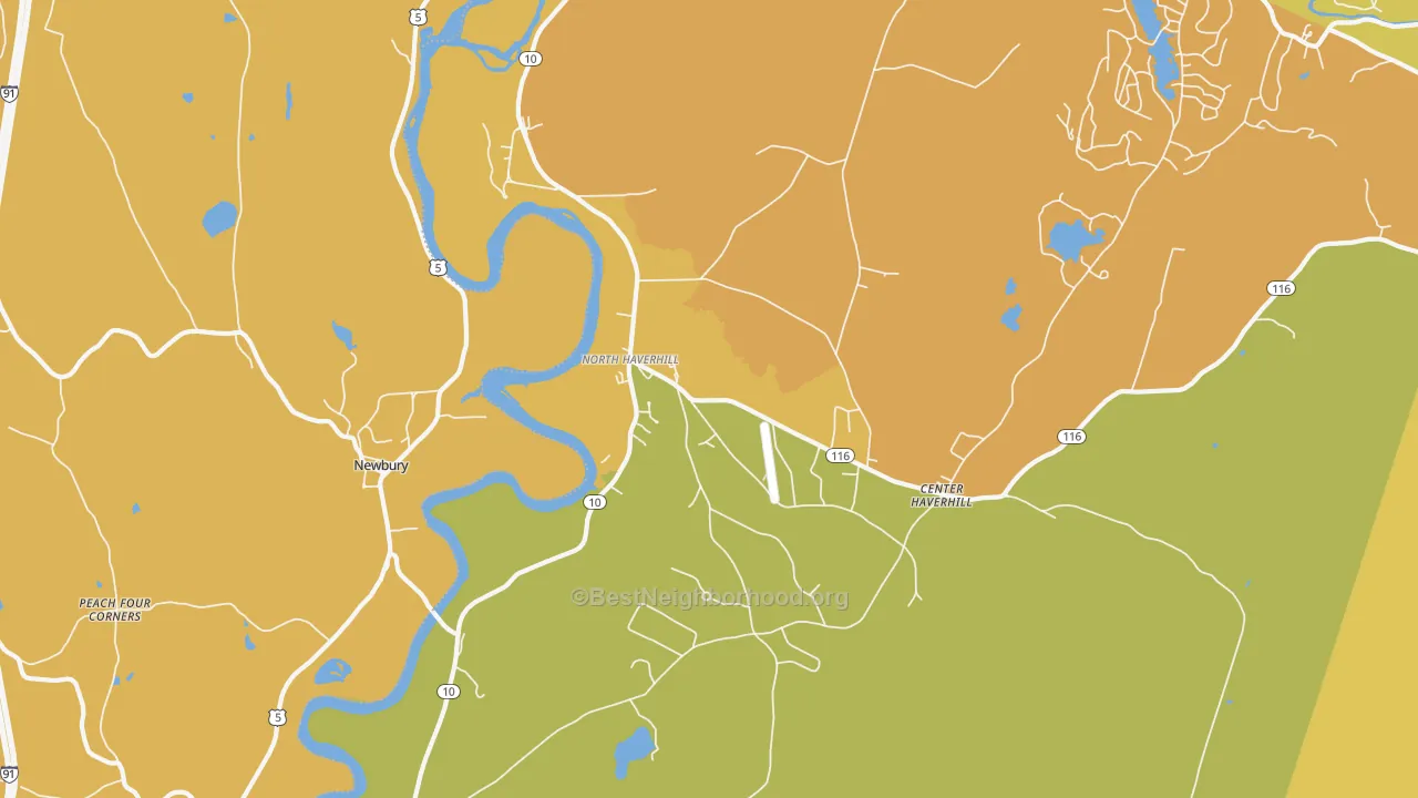 Map of the best neighborhoods in the 03774 area, with better matches in green and worse matches in red
