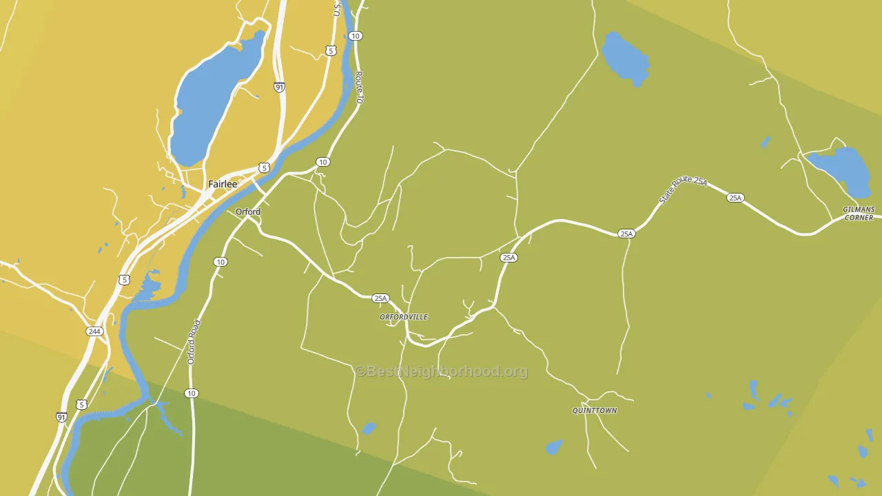 Map of the best neighborhoods in the 03777 area, with better matches in green and worse matches in red