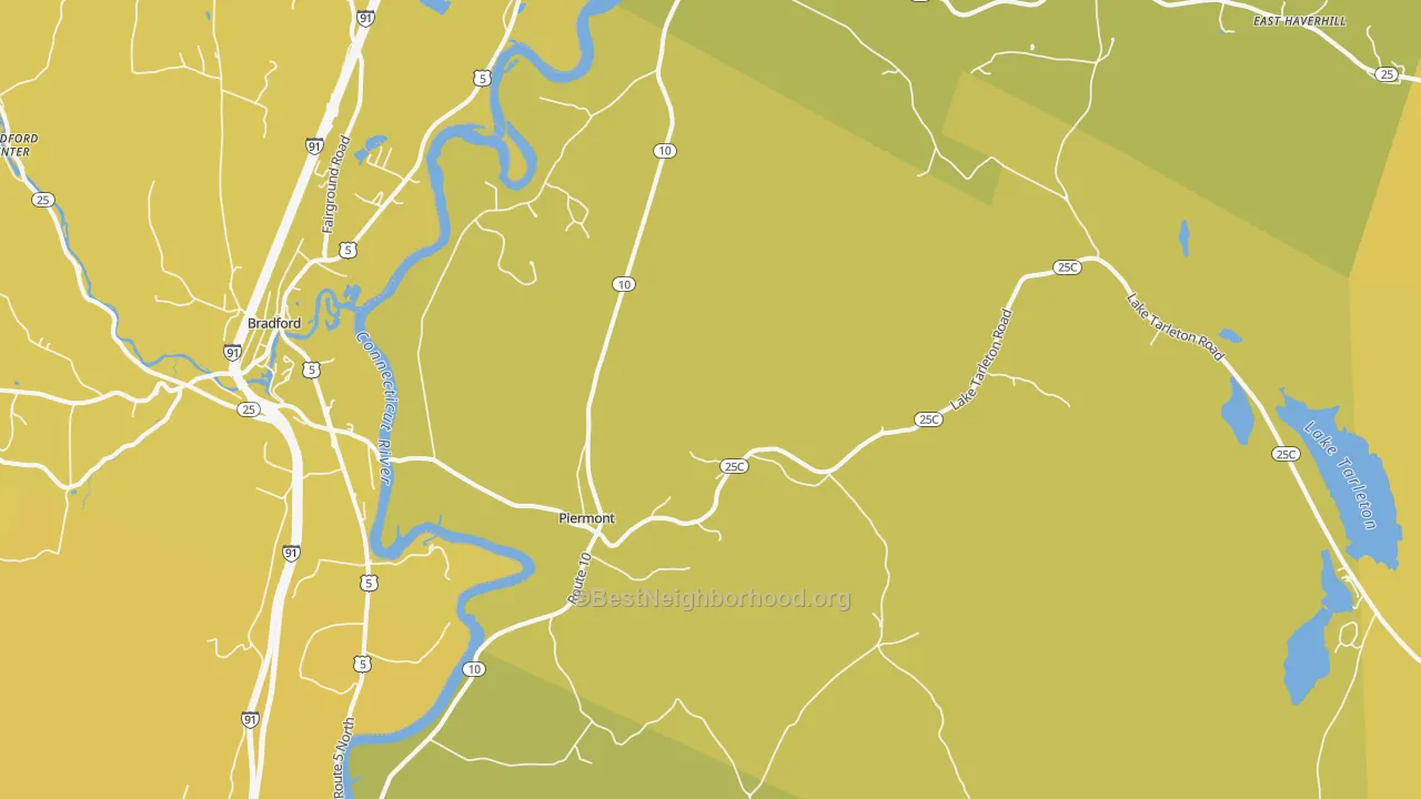 Map of the best neighborhoods in the 03779 area, with better matches in green and worse matches in red