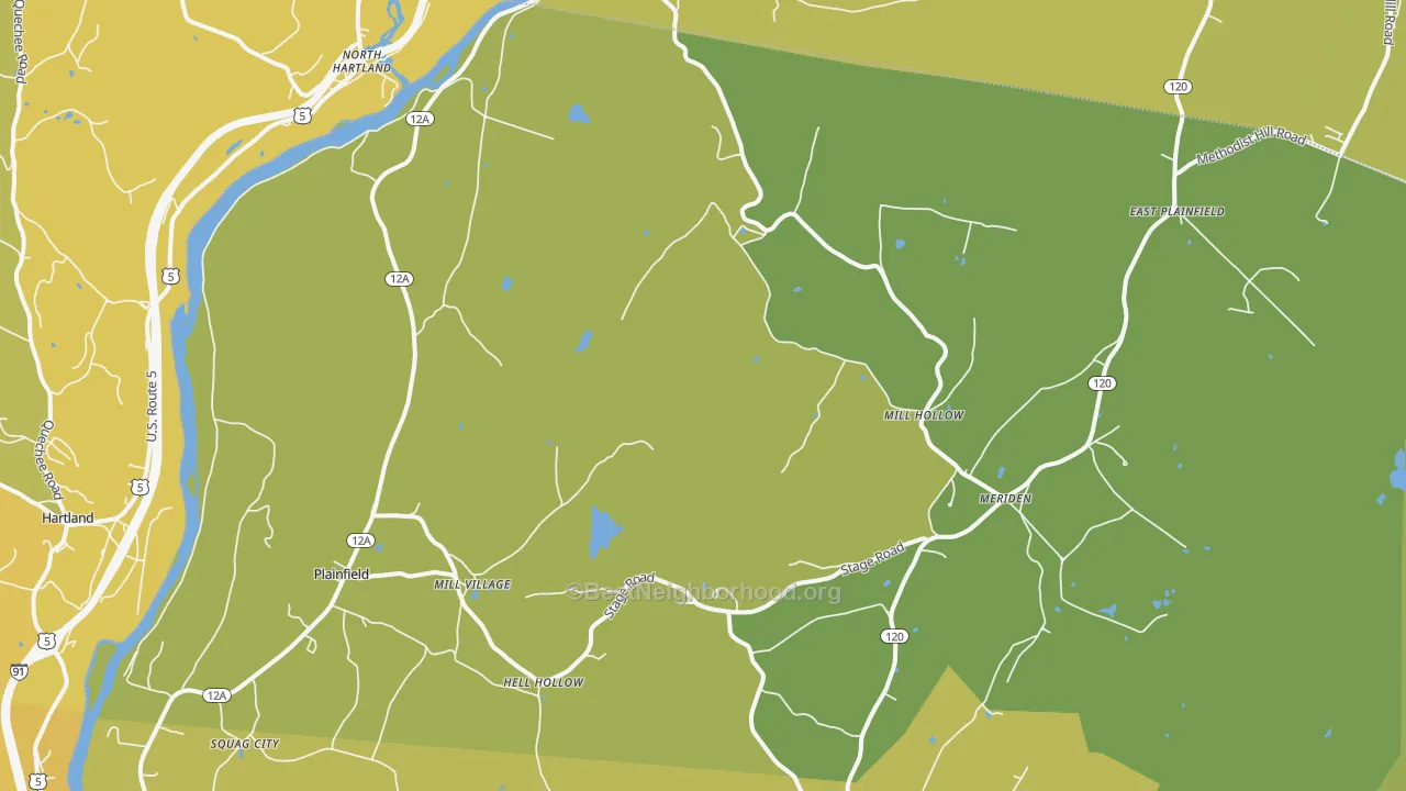 Map of the best neighborhoods in the 03781 area, with better matches in green and worse matches in red