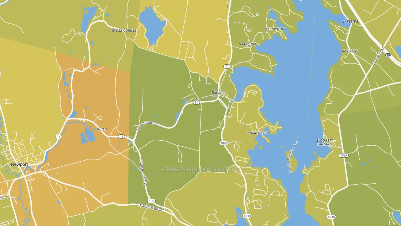 Map of the best neighborhoods in the 03782 area, with better matches in green and worse matches in red