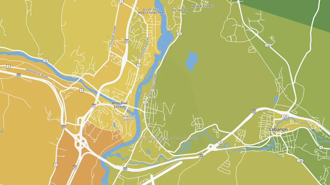 Map of the best neighborhoods in the 03784 area, with better matches in green and worse matches in red