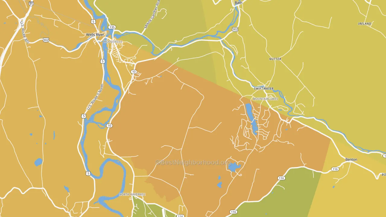 Map of the best neighborhoods in the 03785 area, with better matches in green and worse matches in red