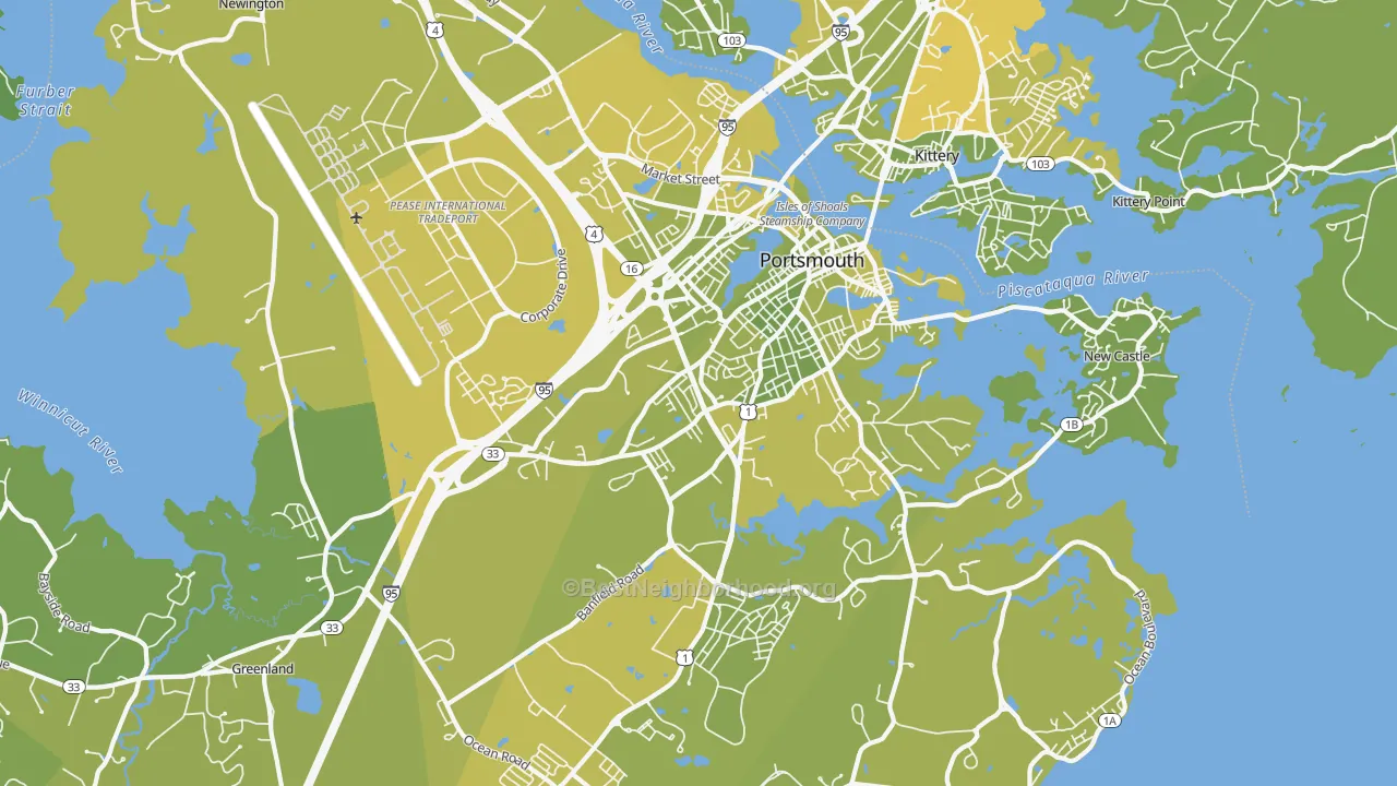 Map of the best neighborhoods in the 03801 area, with better matches in green and worse matches in red