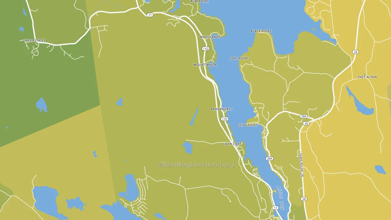 Map of the best neighborhoods in the 03810 area, with better matches in green and worse matches in red